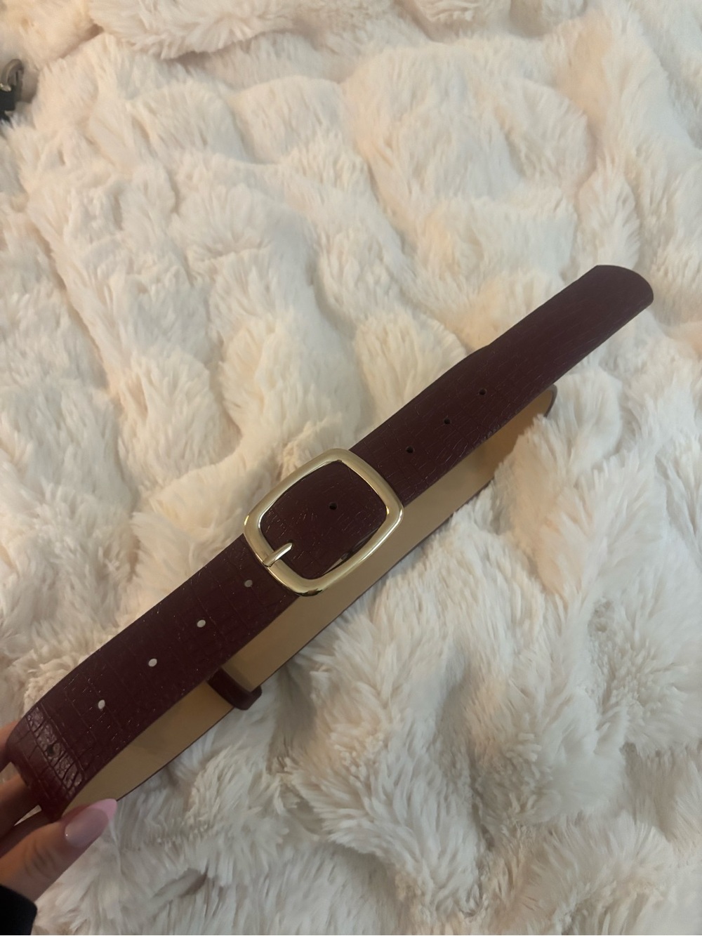Women’s Burgundy Leather-Texture Belt with Gold Buckle
